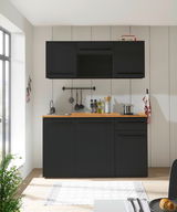 Moderne Single-Küche 160 cm ohne Elektrogeräte in schwarzem Design, frontal fotografiert, mit Holzarbeitsplatte, Spüle und Hängeschränken.