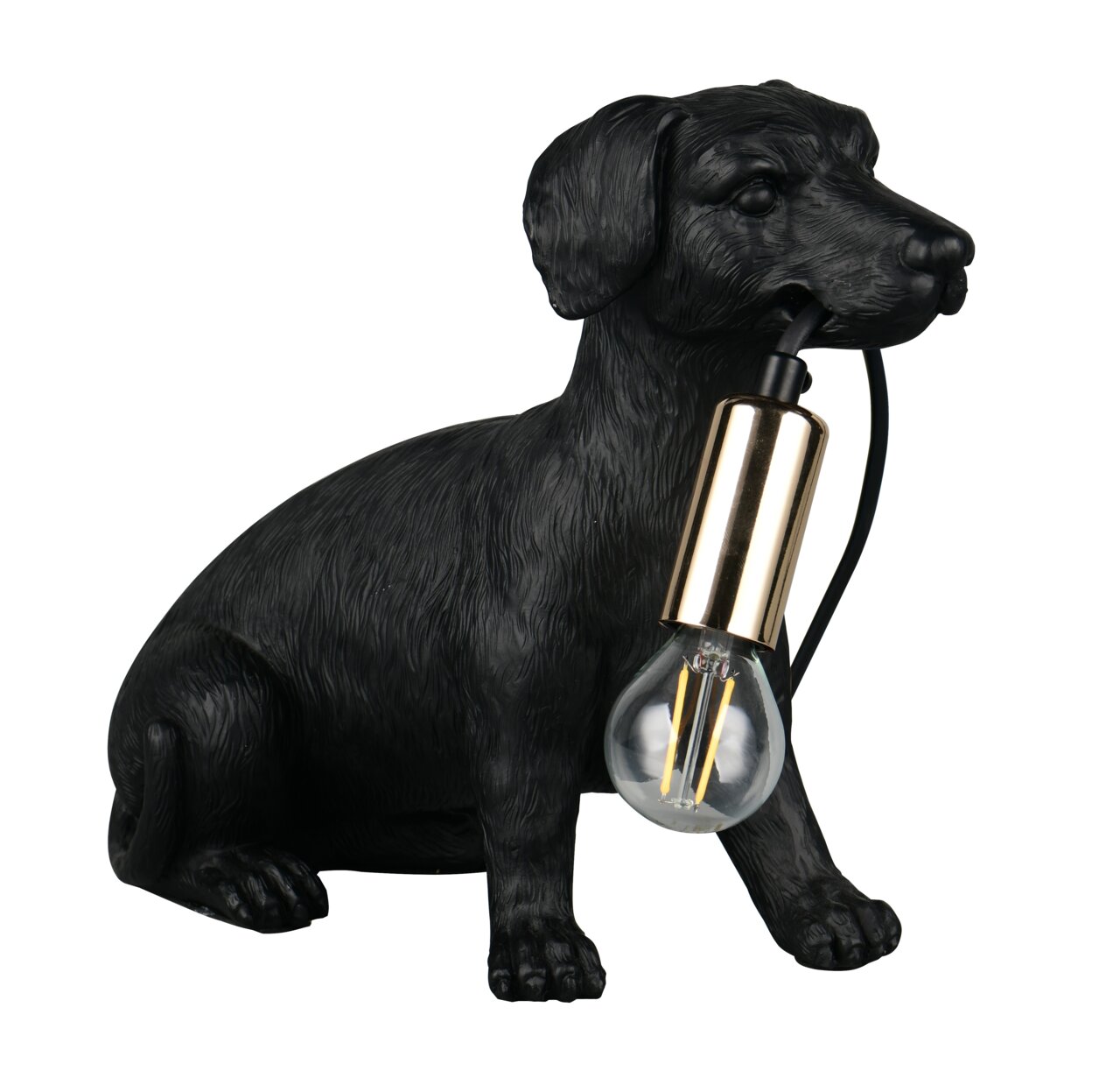Reality Leuchten Tischleuchte WALDI Schwarze Tischleuchte in Form eines sitzenden Hundes mit einer Glühbirne im Maul, seitliche Perspektive.