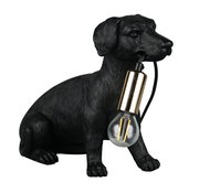 Schwarze Tischleuchte in Form eines sitzenden Hundes mit einer Glühbirne im Maul, seitliche Perspektive.