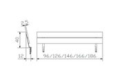 Technische Zeichnung eines Kopfteils aus Holz und Metall, Seitenansicht und Frontansicht mit Maßen.