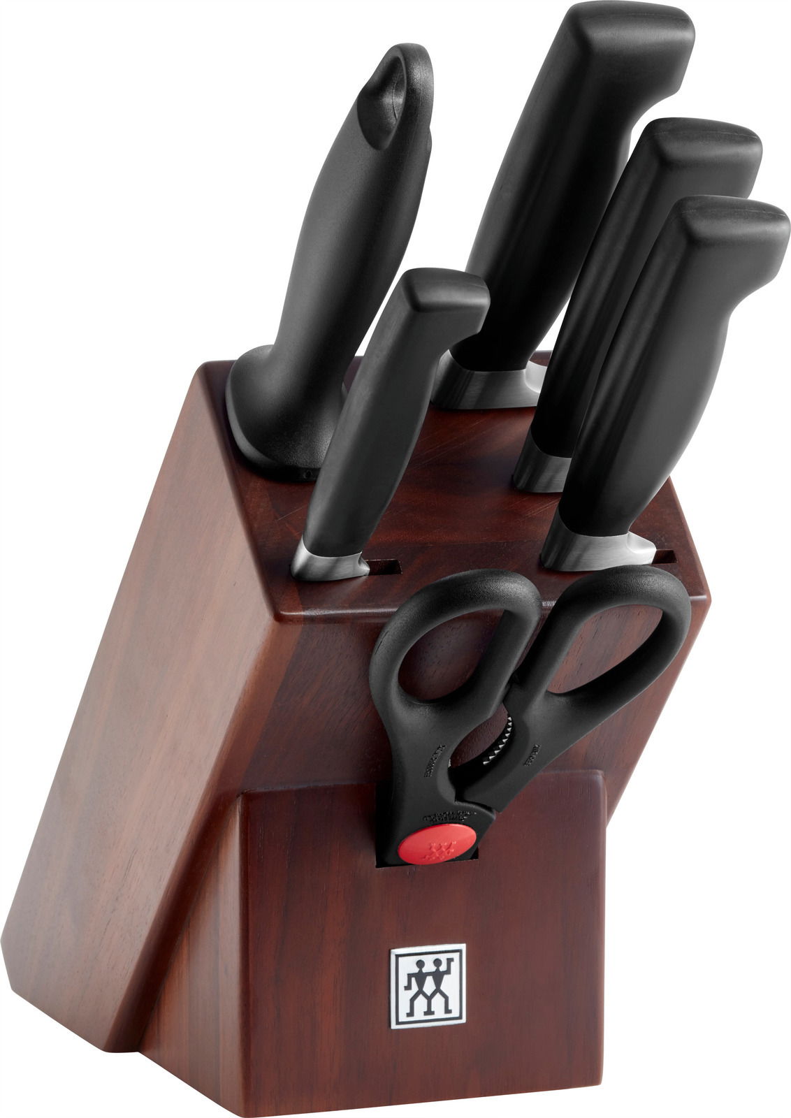 Messerblock aus Walnussholz mit mehreren schwarzen Messern und einer Schere, seitliche Perspektive