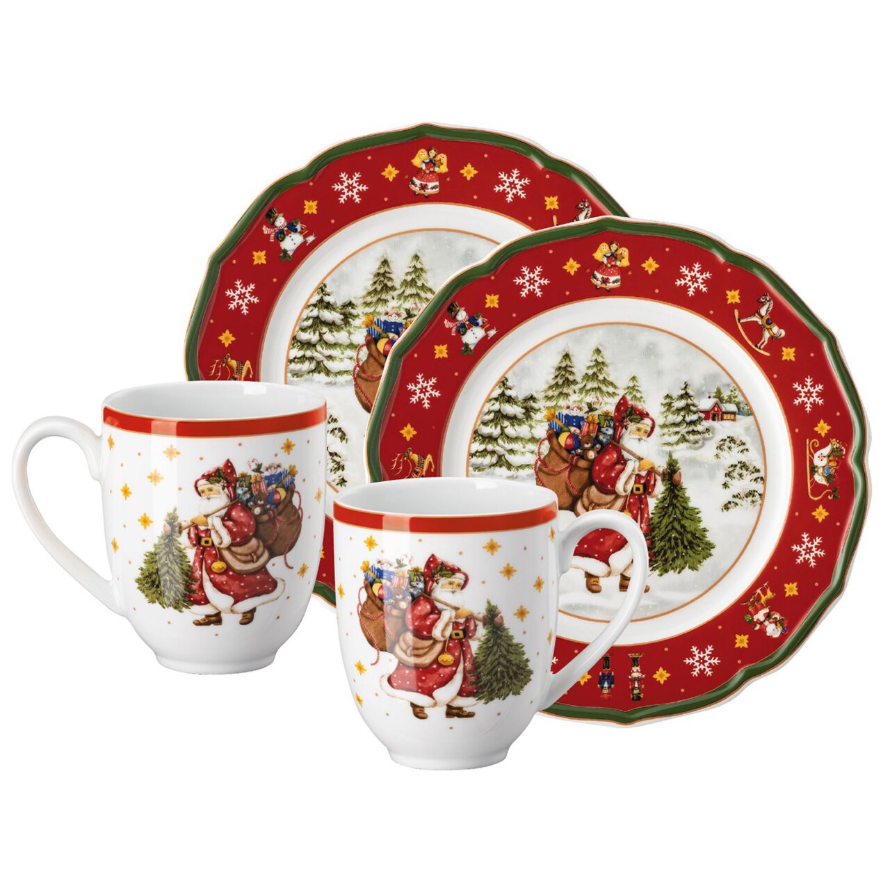 Weihnachtliches Geschirrset mit zwei Tassen und zwei Tellern, verziert mit einem fröhlichen Weihnachtsmann-Motiv und roten Rändern, aus der Perspektive von vorne.