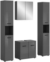 Moderne Badkombination in grauem Hochglanz mit zwei hohen Schränken, einem Spiegelschrank und einem Waschbeckenunterschrank, frontal abgebildet.