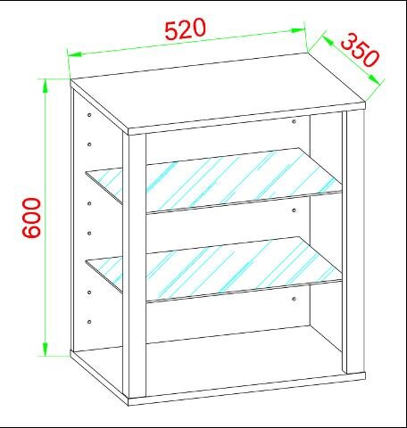 Technische Zeichnung eines offenen Regals/Schranks mit zwei Einlegeböden, Maße 520 x 350 x 600 mm, perspektivische Ansicht schräg von vorne