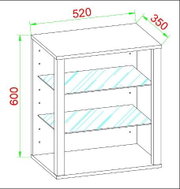 Technische Zeichnung eines offenen Regals/Schranks mit zwei Einlegeböden, Maße 520 x 350 x 600 mm, perspektivische Ansicht schräg von vorne