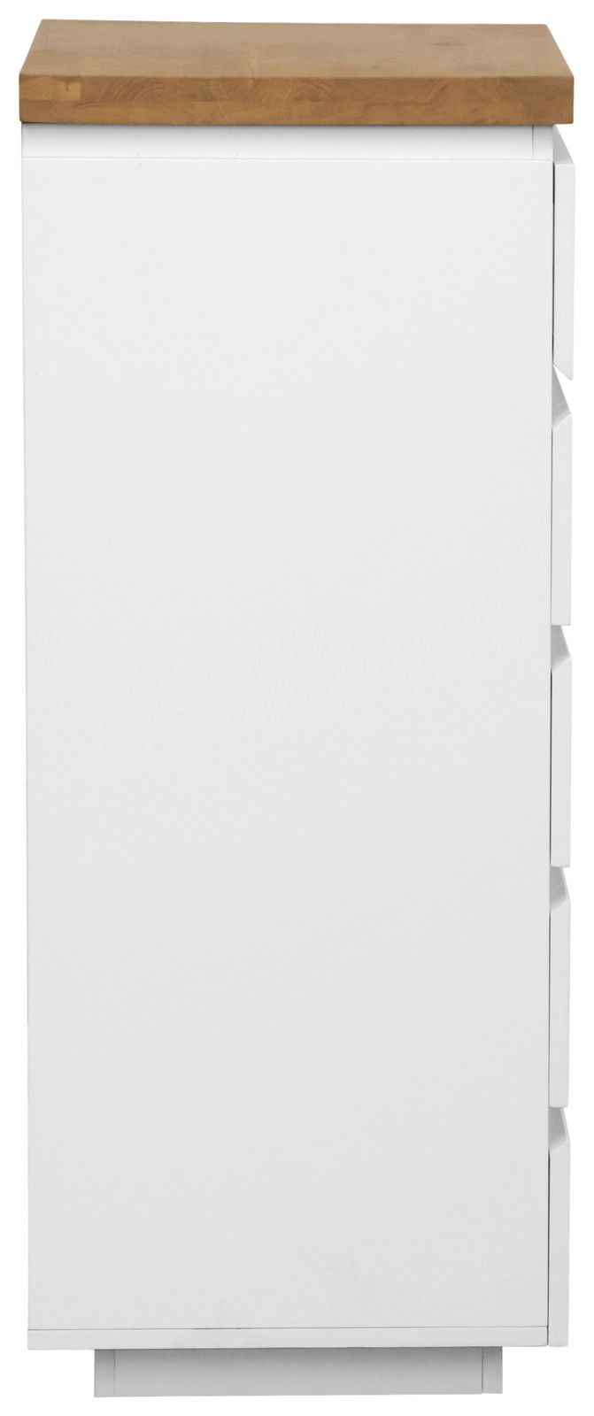 Weiße Schubkastenkommode mit Holzplatte, Vorderansicht