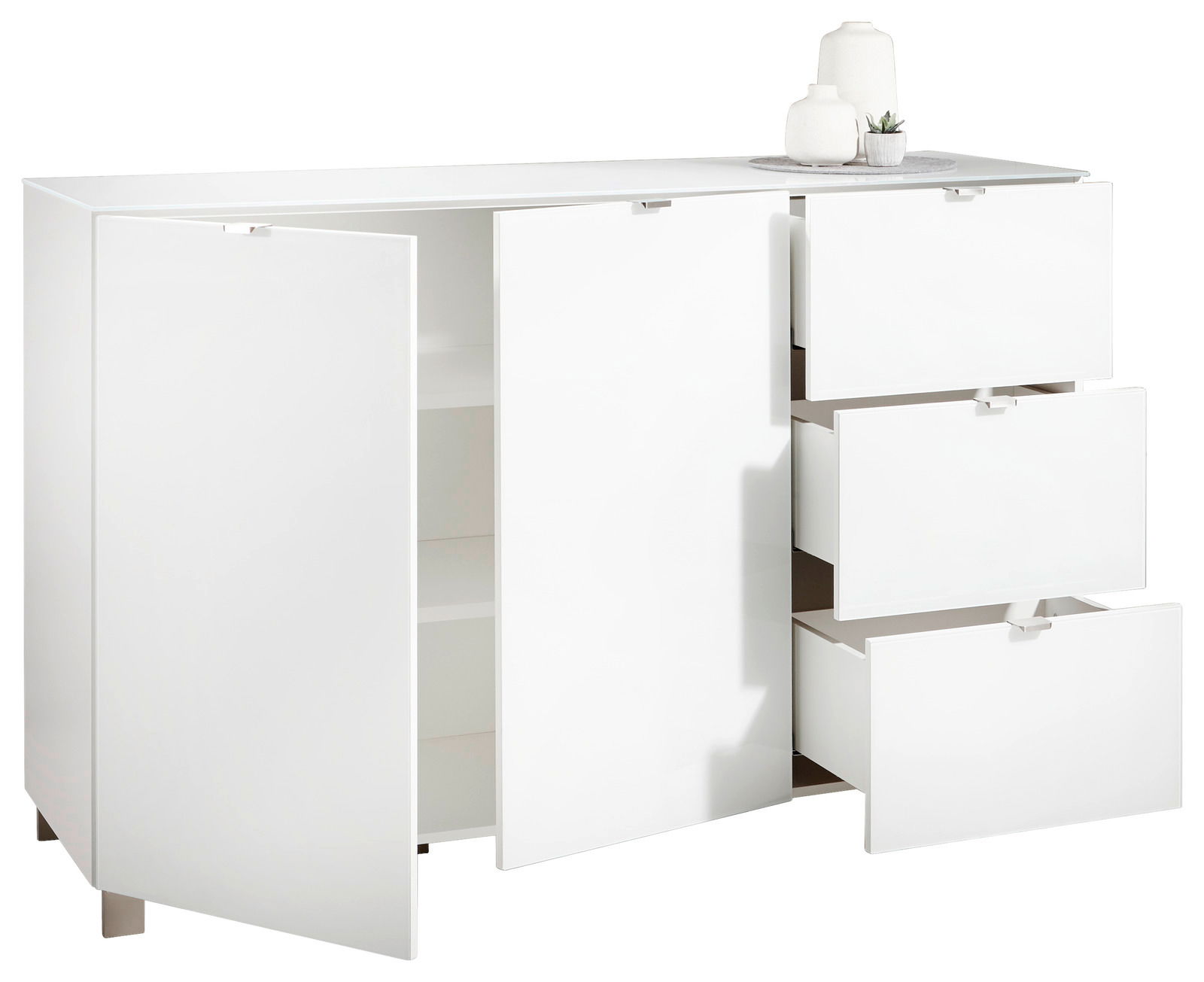 Weißes Sideboard mit zwei offenen Türen und drei offenen Schubladen, seitliche Perspektive