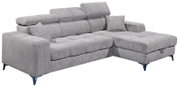 Graue Ecksofa mit verstellbaren Kopfstützen und einem Kissen, Perspektive von vorne links