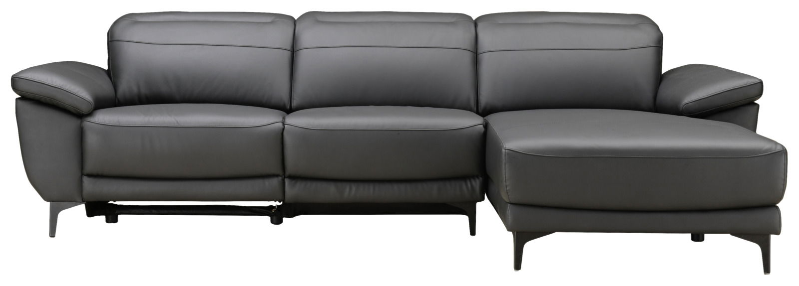 Graue Ledercouch mit Longchair, Frontalansicht