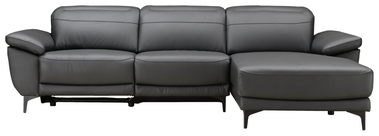 Graue Ledercouch mit Longchair, Frontalansicht