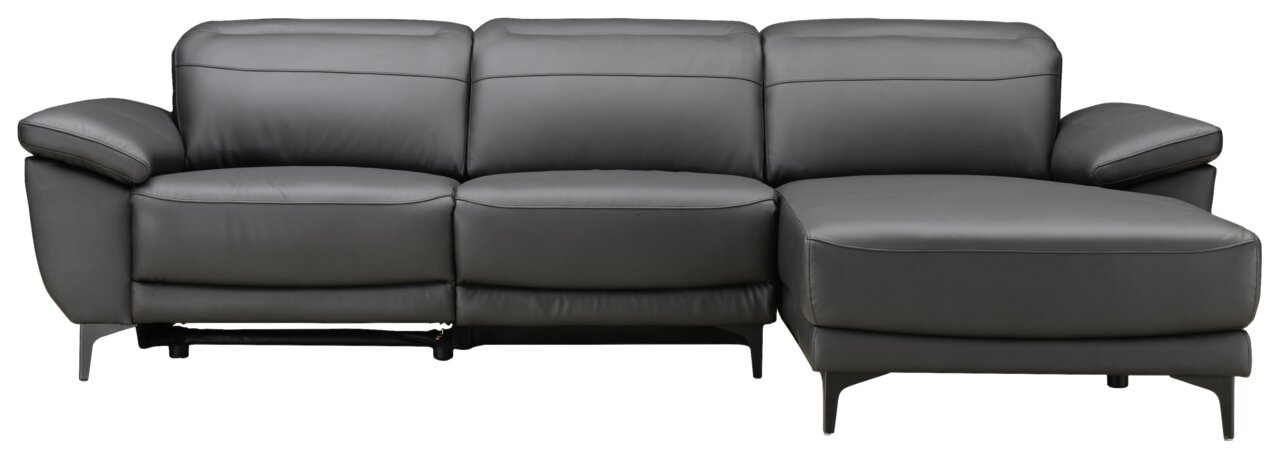 Graue Ledercouch mit Longchair, Frontalansicht