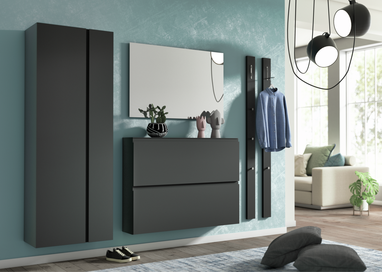 Moderano Hänge-Garderobenschrank LECCO Moderne Garderobenset in dunklem Design mit Spiegel, Schuhschrank und Hakenleiste, seitliche Perspektive