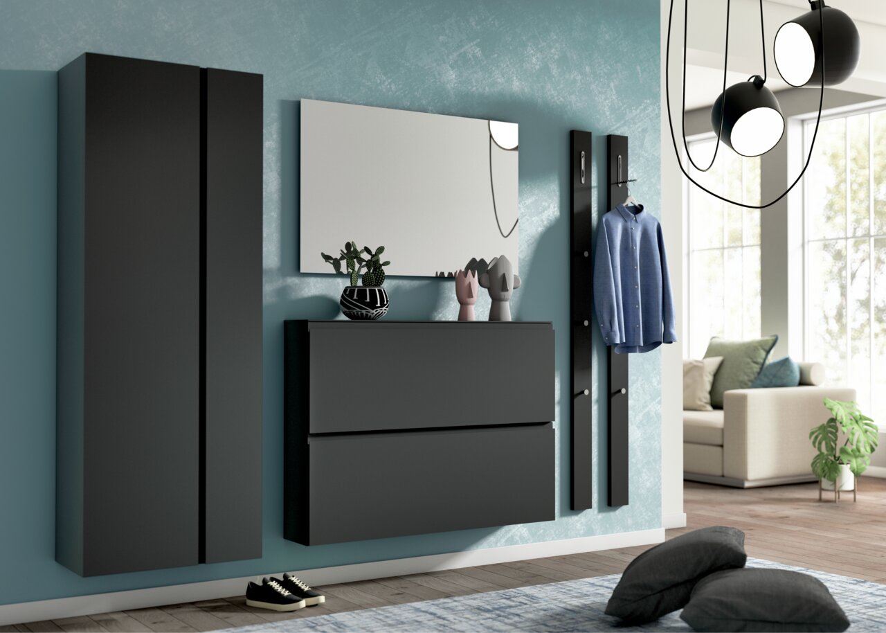 Moderne Garderobenset in dunklem Design mit Spiegel, Schuhschrank und Hakenleiste, seitliche Perspektive
