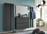 Moderne Garderobenset in dunklem Design mit Spiegel, Schuhschrank und Hakenleiste, seitliche Perspektive