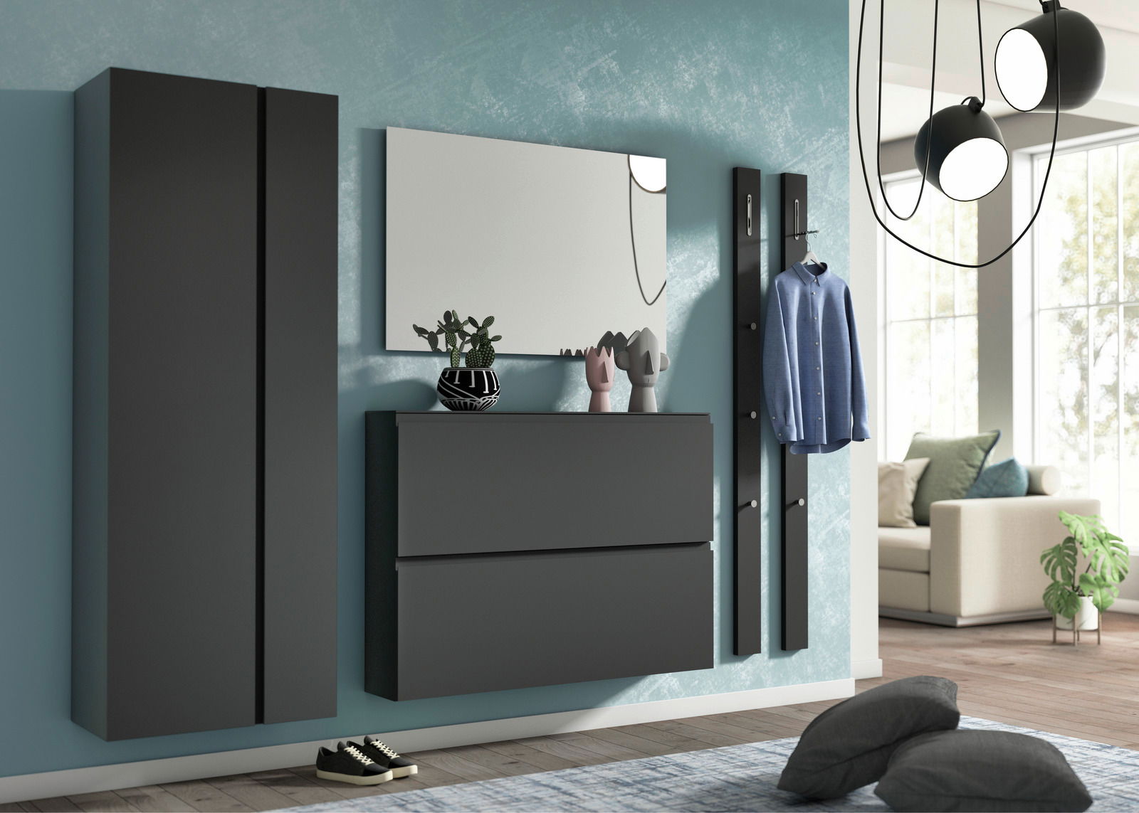 Moderano Hänge-Garderobenschrank LECCO Moderne Garderobenset in dunklem Design mit Spiegel, Schuhschrank und Hakenleiste, seitliche Perspektive