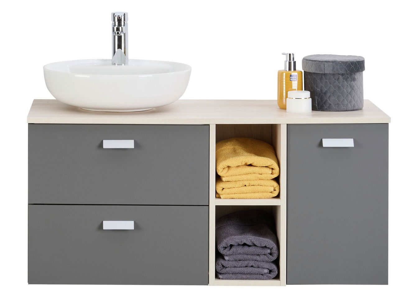 Stylife Waschtisch-Set MONA Frontale Ansicht eines modernen Waschtisch-Sets mit grauen Schubladen, einem weißen Aufsatzwaschbecken und offenen Regalfächern mit Handtüchern.