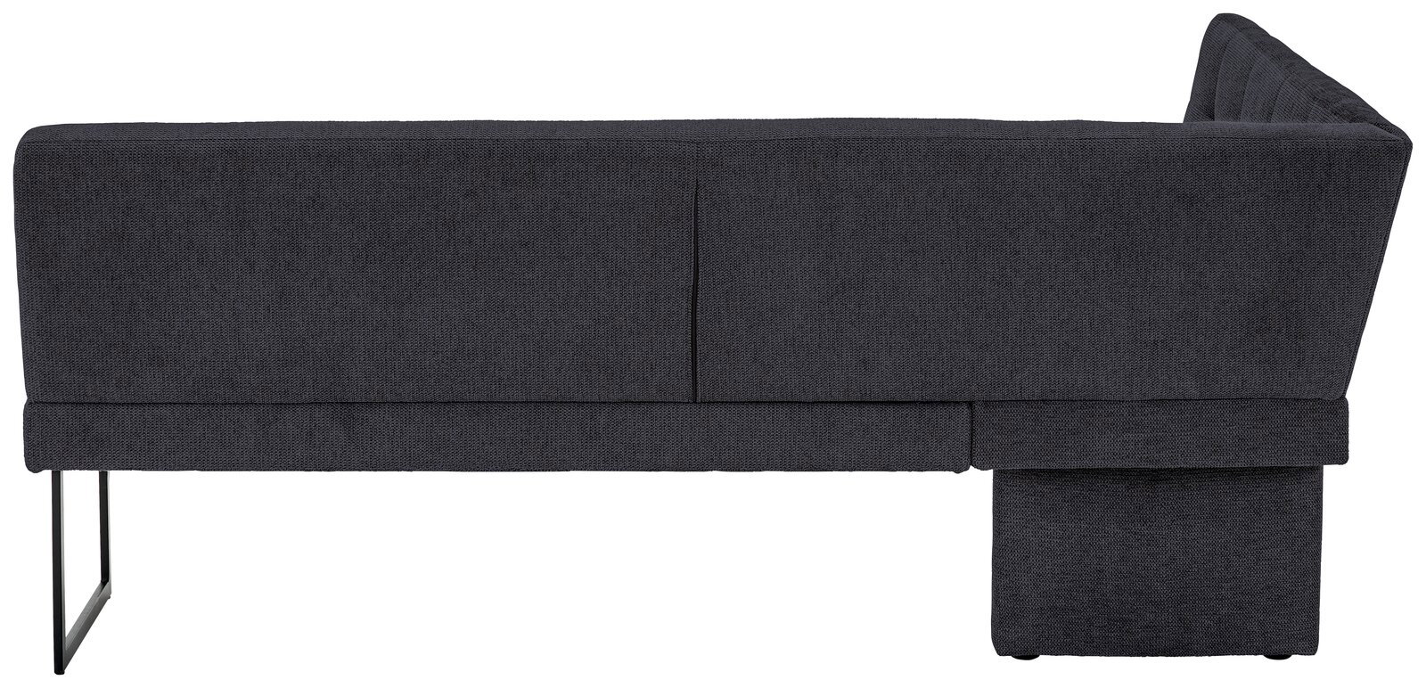 Rückansicht einer modernen, dunkelgrauen Eckbank mit Metallbeinen.