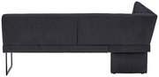 Rückansicht einer modernen, dunkelgrauen Eckbank mit Metallbeinen.