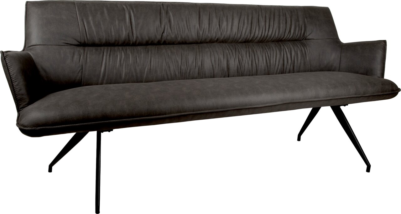 Dunkelgraues, gepolstertes Sofa mit Armlehnen und schwarzen Metallbeinen, schräg von vorne in leichter Seitenansicht fotografiert.