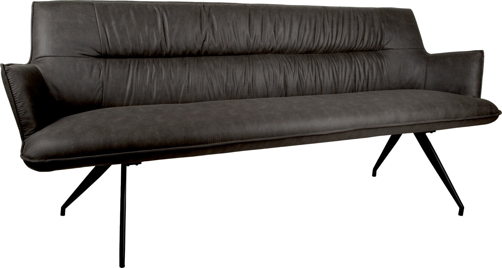Dunkelgraues, gepolstertes Sofa mit Armlehnen und schwarzen Metallbeinen, schräg von vorne in leichter Seitenansicht fotografiert.