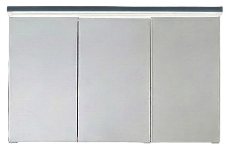 Dreiteiliger Spiegelschrank in Silber/Aluminium-Optik mit integrierter oberen Lichtleiste, frontale Ansicht