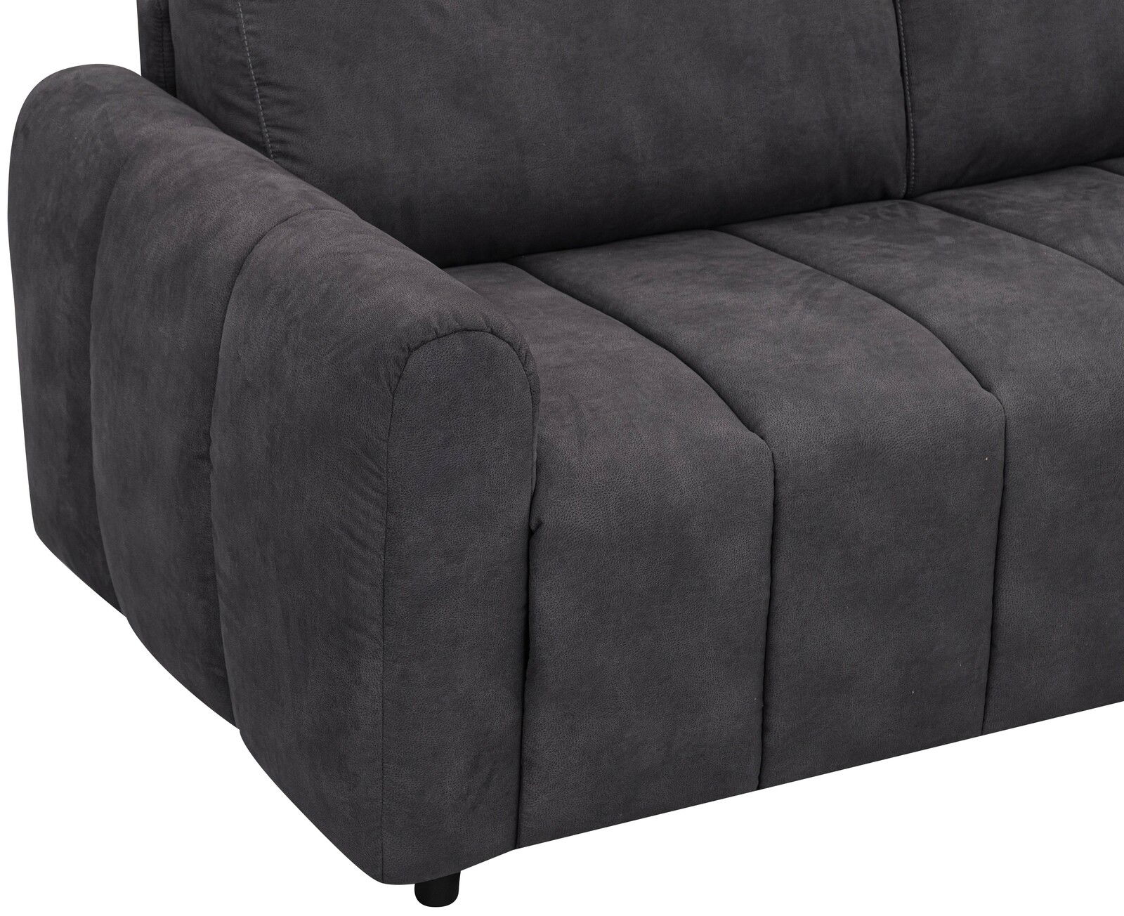 Nahaufnahme eines grauen Funktionssofas mit Armlehne, perspektivisch von der Seite fotografiert.