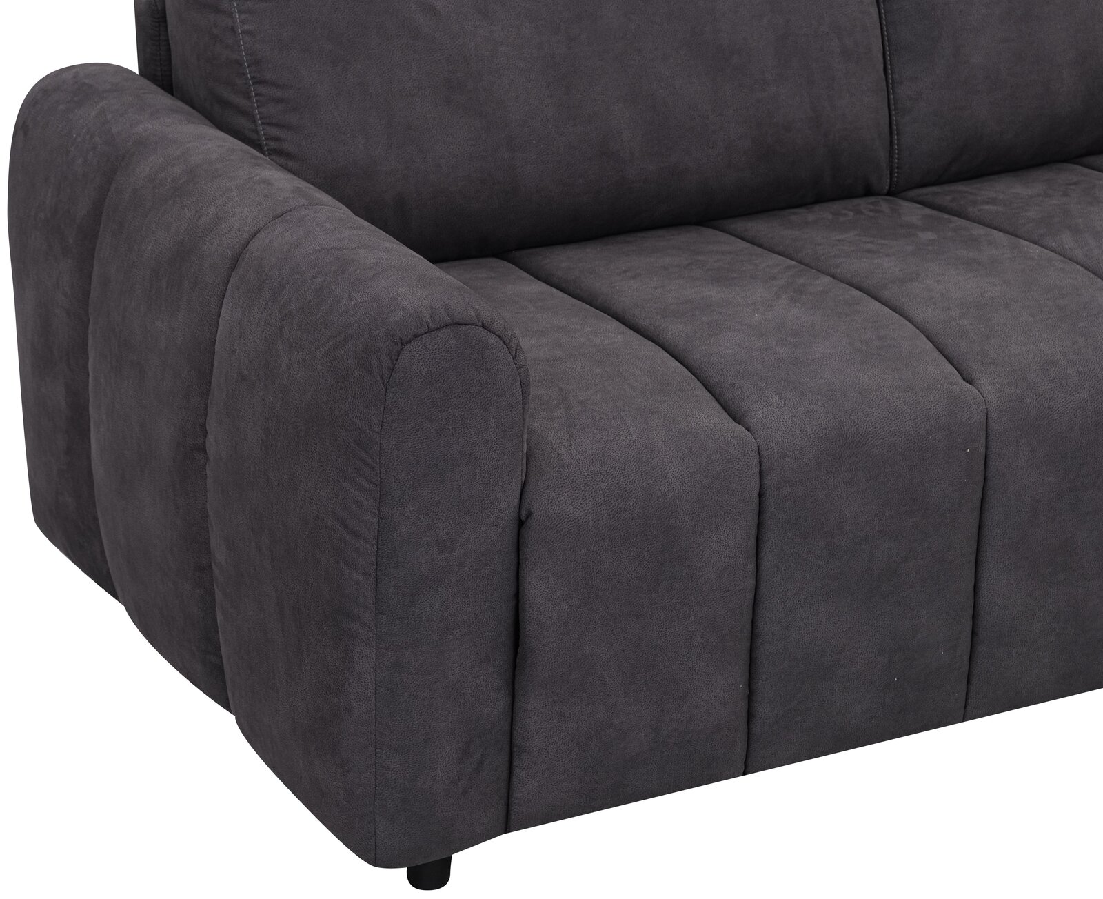 Nahaufnahme eines grauen Funktionssofas mit Armlehne, perspektivisch von der Seite fotografiert.