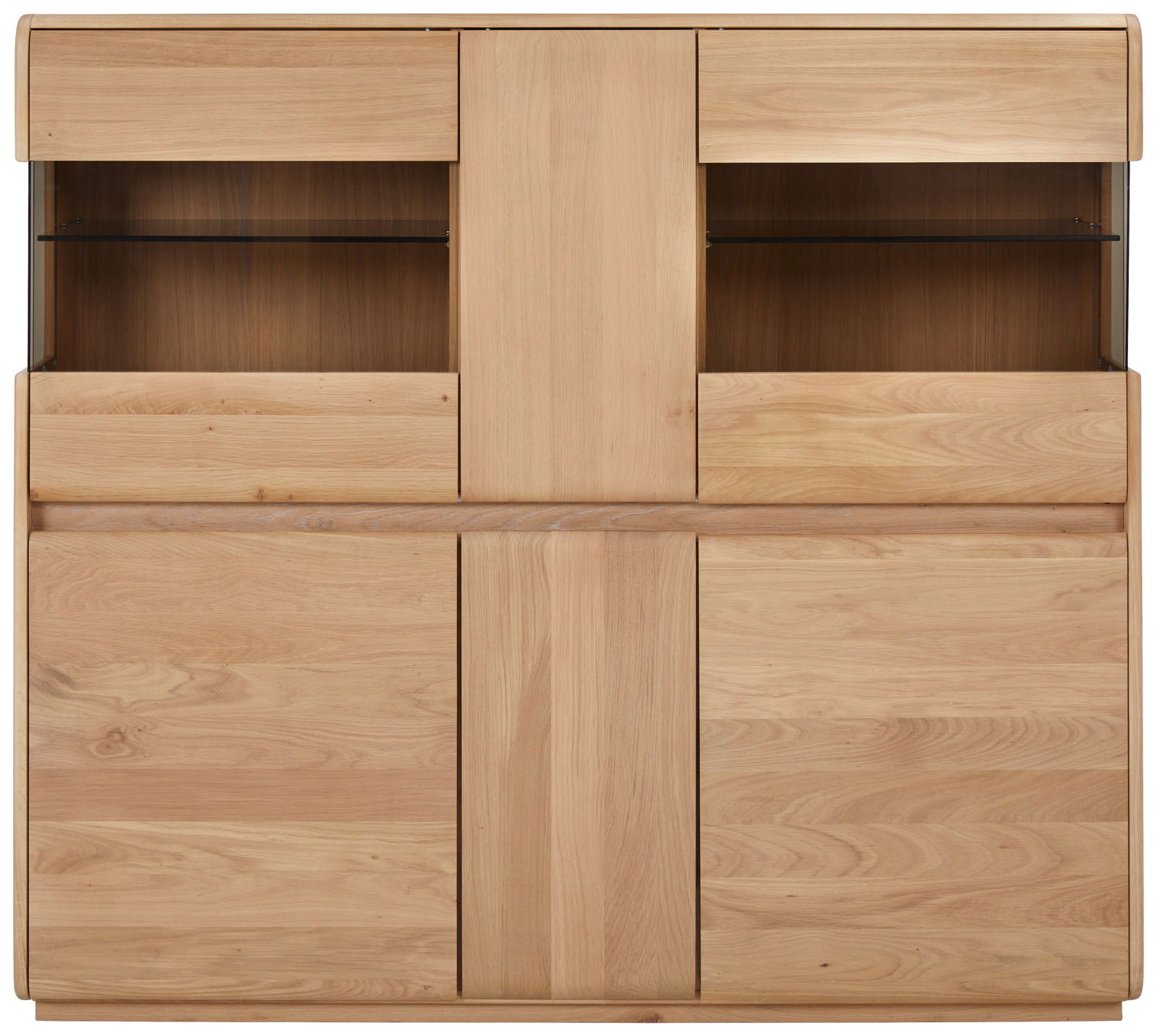Frontale Ansicht eines modernen Highboards aus hellem Holz mit offenen Fächern und Schubladen.