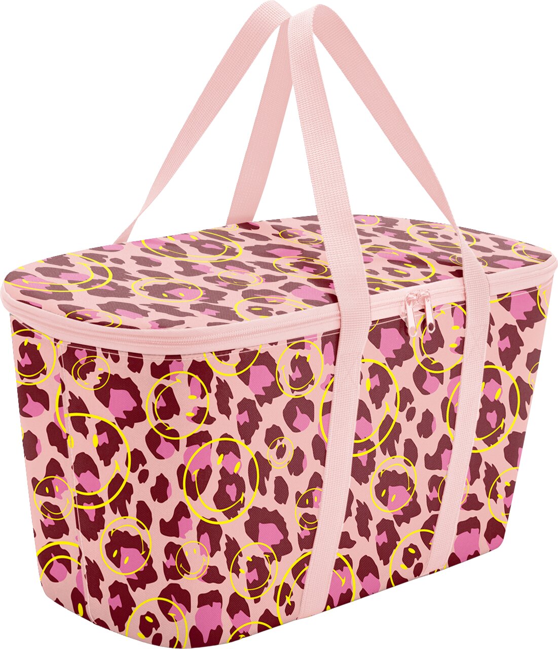 Rosa Kühltasche mit Reißverschluss und zwei Tragegurten, Leopardenmuster mit gelben Smileys, freigestellt auf weißem Hintergrund, Ansicht schräg von vorne oben