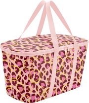 Rosa Kühltasche mit Reißverschluss und zwei Tragegurten, Leopardenmuster mit gelben Smileys, freigestellt auf weißem Hintergrund, Ansicht schräg von vorne oben