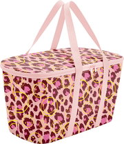 Rosa Kühltasche mit Reißverschluss und zwei Tragegurten, Leopardenmuster mit gelben Smileys, freigestellt auf weißem Hintergrund, Ansicht schräg von vorne oben