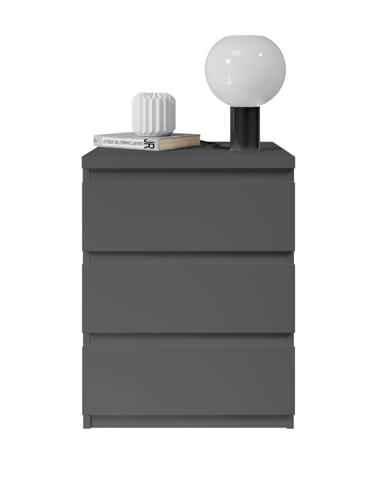 Graue Nachtkommode mit drei Schubladen, darauf eine weiße Tischlampe und Bücher, frontale Ansicht