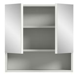 Spiegelschrank mit zwei offenen Türen und zwei Regalböden, frontal betrachtet.