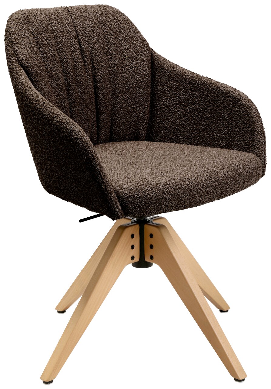 Johann Jakob Armlehnstuhl FLAVIO Brauner Armlehnstuhl mit gepolstertem Sitz und Rückenlehne, auf einem vierbeinigen Holzgestell. Perspektive von vorne links.