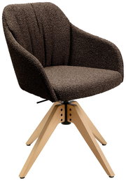 Brauner Armlehnstuhl mit gepolstertem Sitz und Rückenlehne, auf einem vierbeinigen Holzgestell. Perspektive von vorne links.