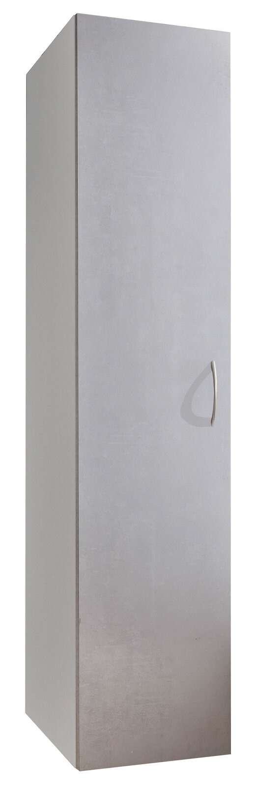 Grauer Mehrzweckschrank mit schlichter Frontansicht und silbernem Griff, perspektivisch von vorne links fotografiert.