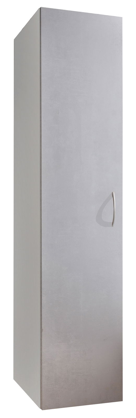 Grauer Mehrzweckschrank mit schlichter Frontansicht und silbernem Griff, perspektivisch von vorne links fotografiert.