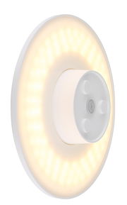 Runde LED-Außenwandleuchte mit warmweißem Licht, seitliche Perspektive