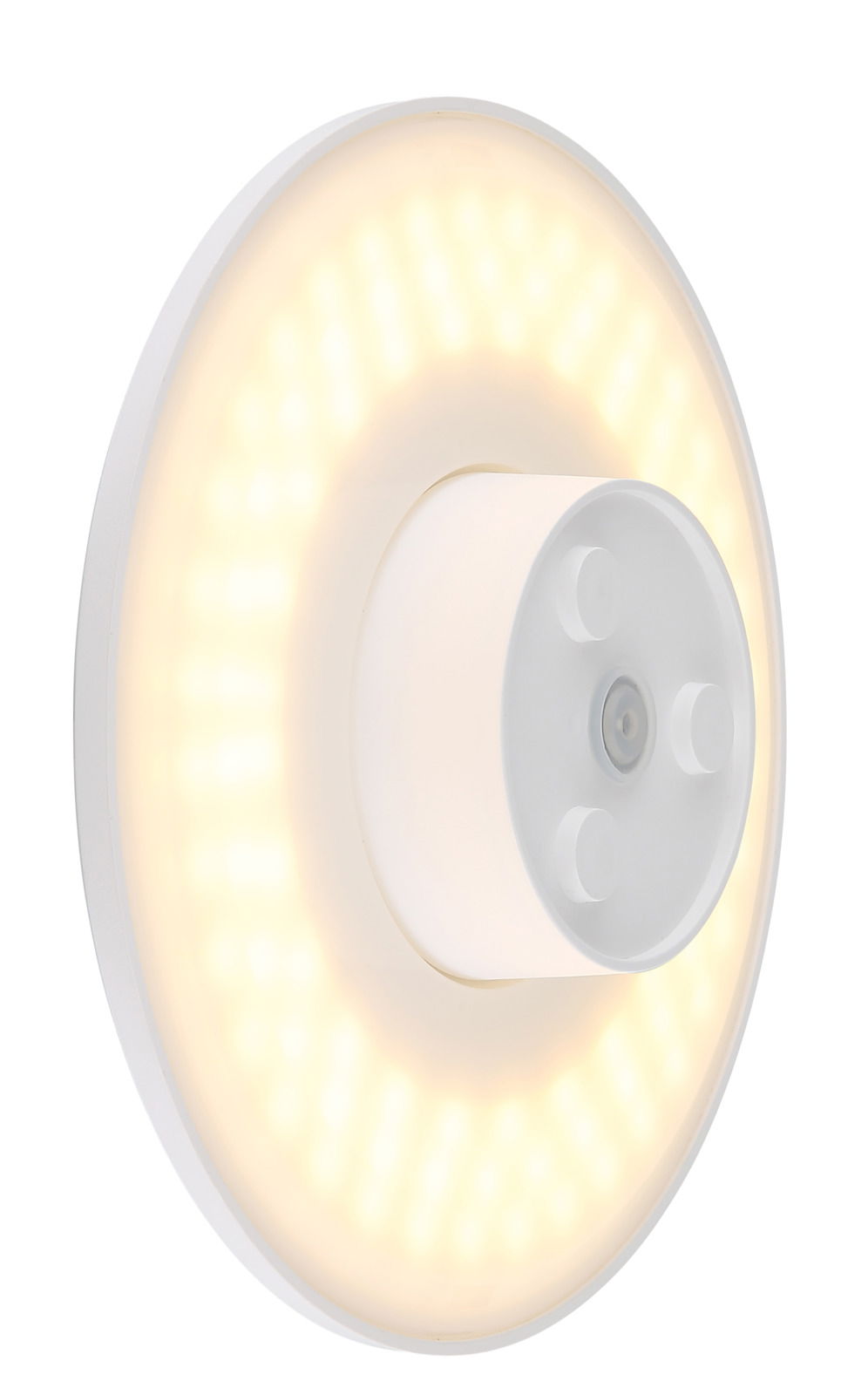 Runde LED-Außenwandleuchte mit warmweißem Licht, seitliche Perspektive