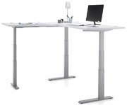 Moderner höhenverstellbarer Eckschreibtisch in L-Form mit Monitor, Lampe und Büromaterialien, seitliche Perspektive