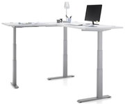 Moderner höhenverstellbarer Eckschreibtisch in L-Form mit Monitor, Lampe und Büromaterialien, seitliche Perspektive