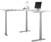 Moderner höhenverstellbarer Eckschreibtisch in L-Form mit Monitor, Lampe und Büromaterialien, seitliche Perspektive