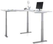 Modern, in hoogte verstelbaar L-vormig hoekbureau met monitor, lamp en kantoorbenodigdheden, zijaanzicht