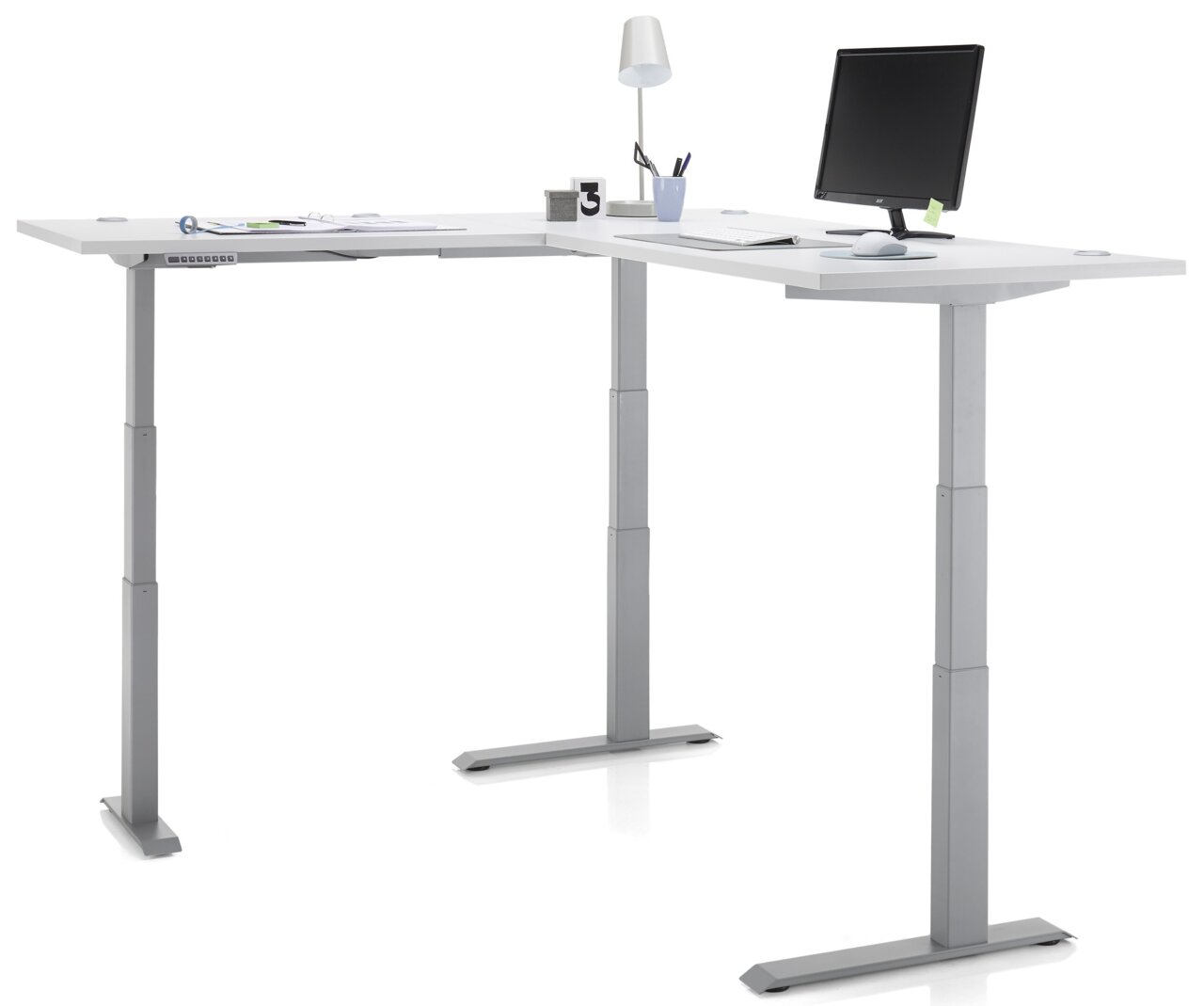 Modern, in hoogte verstelbaar L-vormig hoekbureau met monitor, lamp en kantoorbenodigdheden, zijaanzicht