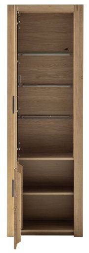 Houten vitrinekast met glazen legplanken, open deur, vooraanzicht