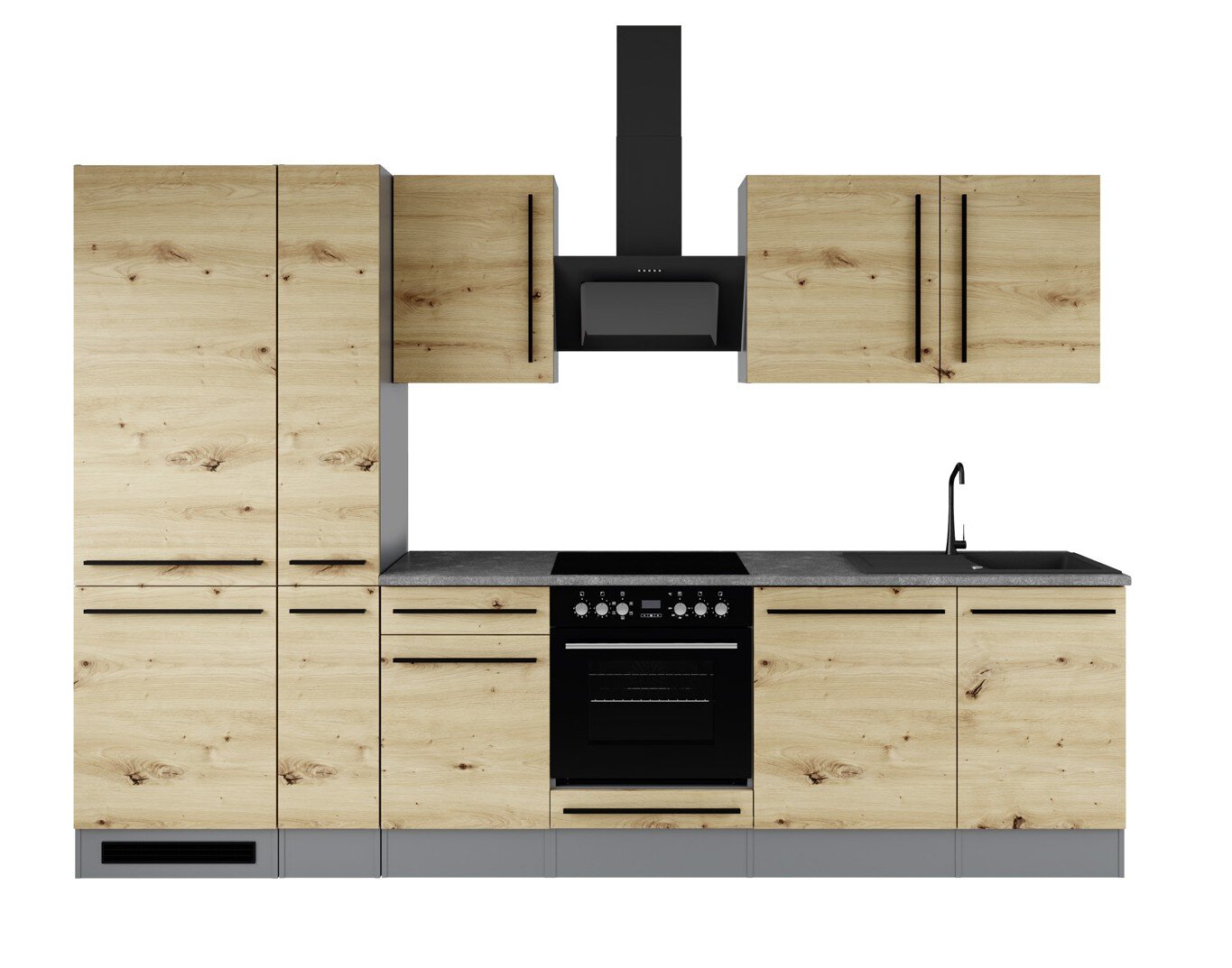 Moderne keukenopstelling in licht houtdecor met zwarte handgrepen, grijs werkblad, ingebouwde oven en kookplaat, zwarte afzuigkap en spoelbak rechts, frontaal aanzicht