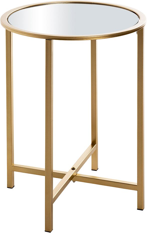 Zurbrüggen Beistelltisch Runder Beistelltisch mit goldfarbenem Metallgestell und verspiegelter Glasplatte, freistehend auf weißem Hintergrund, Ansicht leicht von oben in 3/4-Perspektive