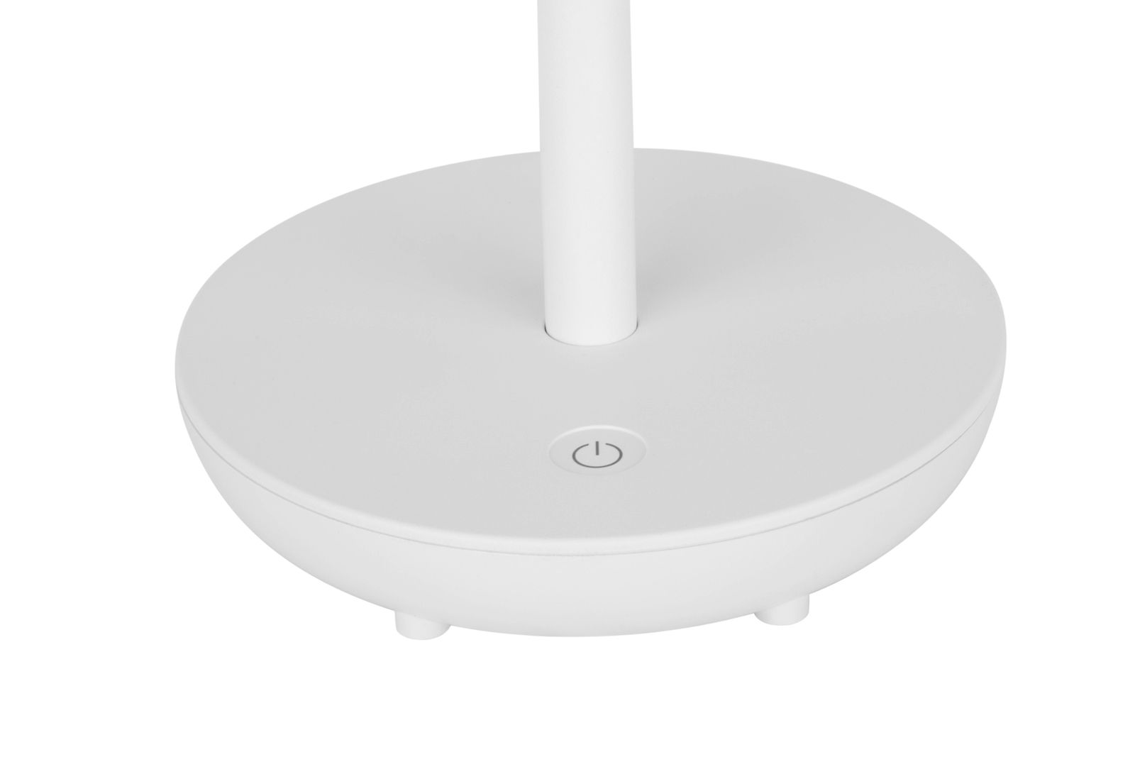 Nahaufnahme der Basis einer weißen Solarleuchte mit einem Ein-/Ausschalter, von oben betrachtet.