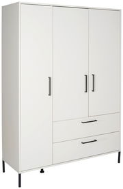 Weißer Kleiderschrank mit drei Türen und zwei Schubladen, seitliche Perspektive