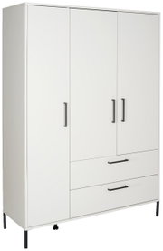 Weißer Kleiderschrank mit drei Türen und zwei Schubladen, seitliche Perspektive